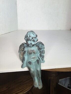 Sitting Cherub Green Patina Finish w/Antique Accents Ceramic Angel